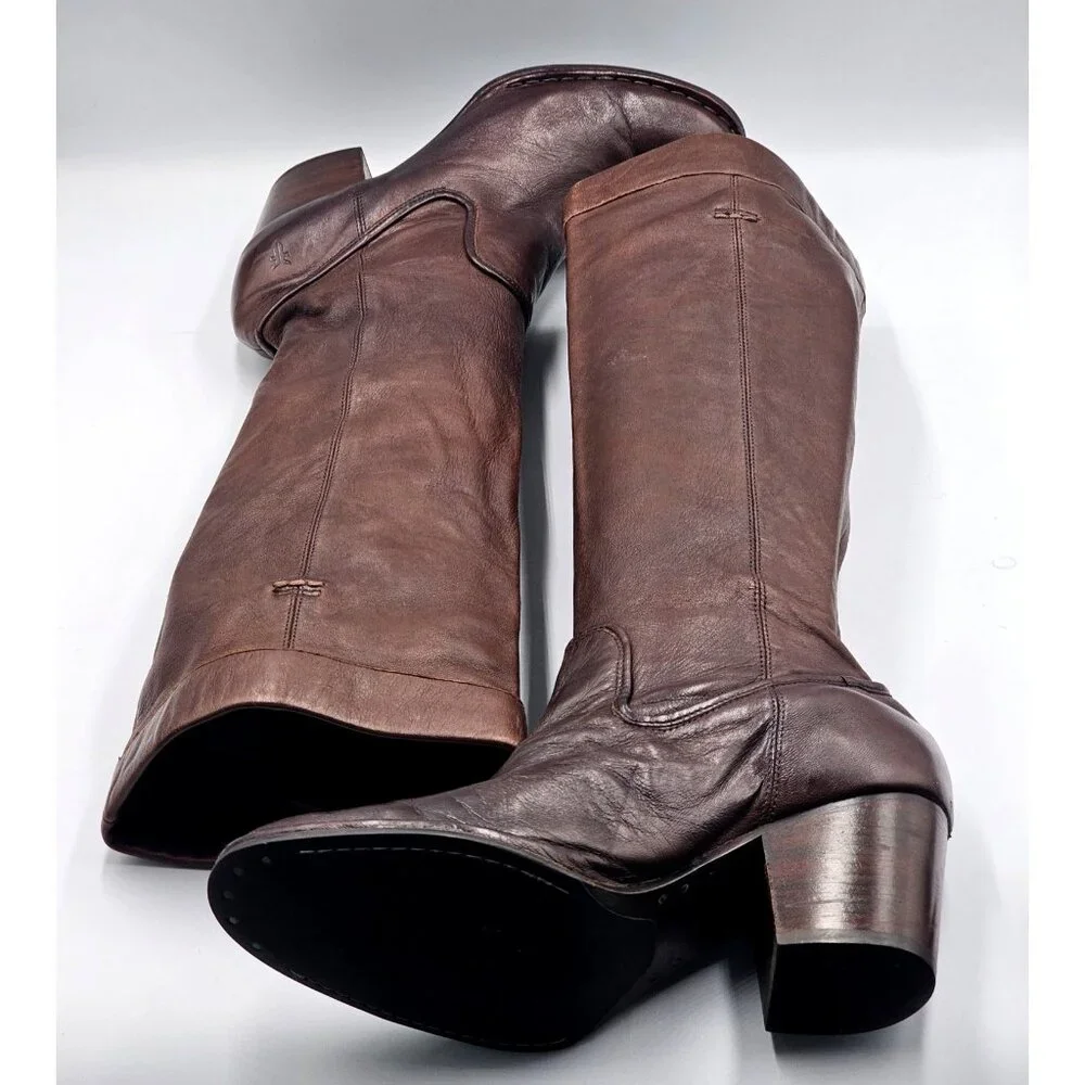 Frye Women's Brown Leather Rory Scrunch Knee-High Heeled Boots Size 7 3242 - Picture 7 of 16